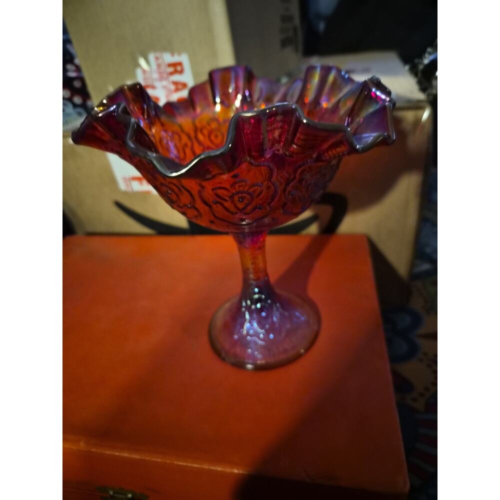 Vintage Fenton Persian Medallion Red Sunset Carnival N glass Compote ...